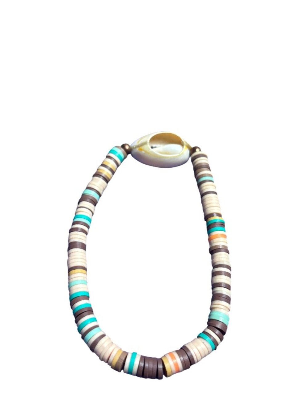 Beaded Stretchy Bracelet Multicolor Polymer Clay Heishi Beads White Cowrie Shell - Picture 2 of 2